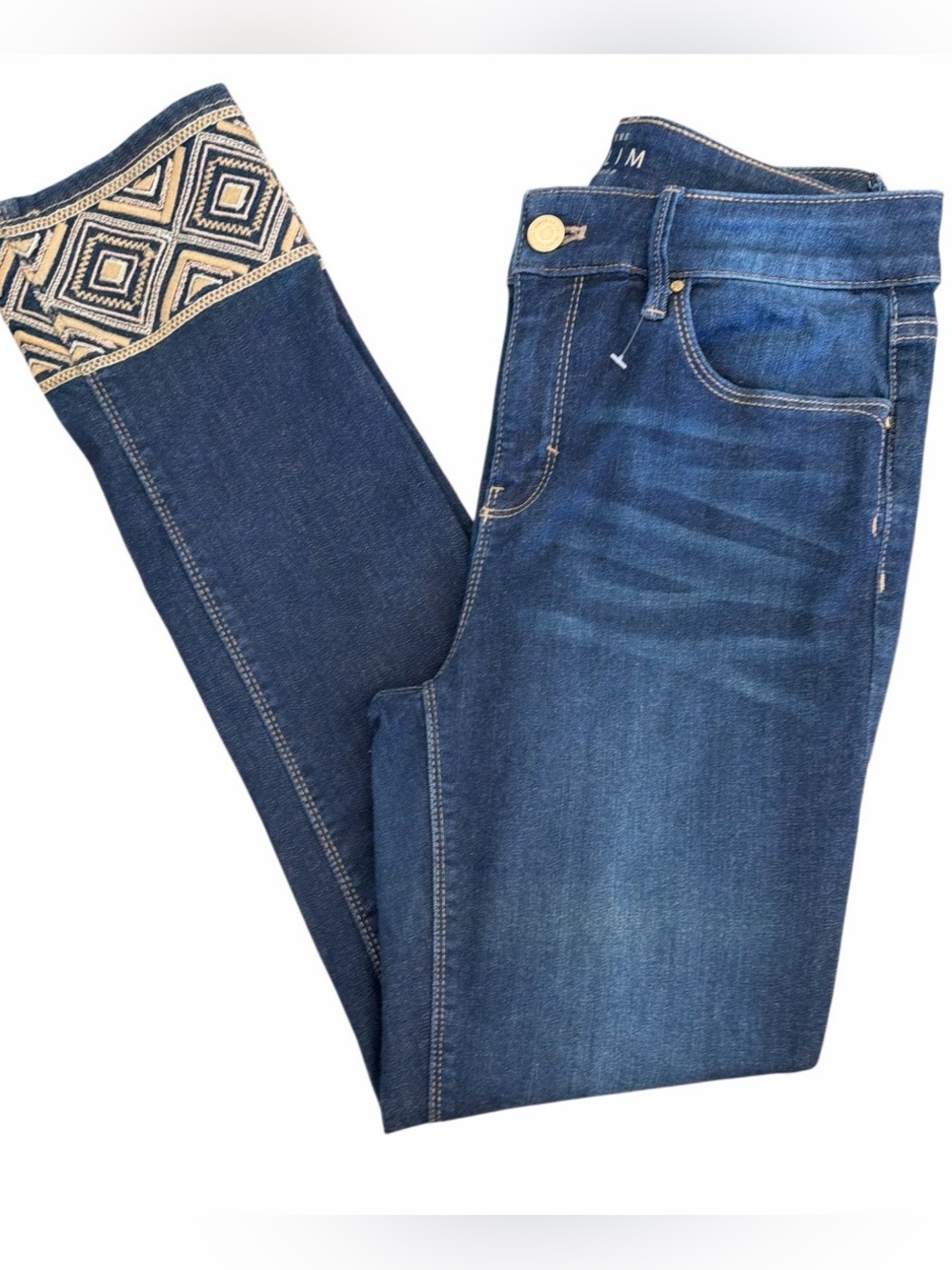 White House Black Market Dark Blue High-Rise Jeans with Embroidered Cuff